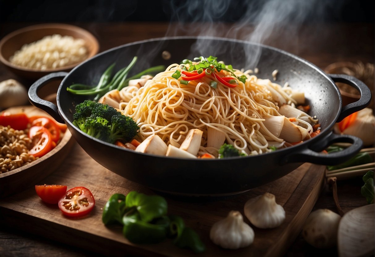 A steaming wok sizzles with spicy enoki mushrooms, surrounded by a variety of fresh ingredients and cooking utensils