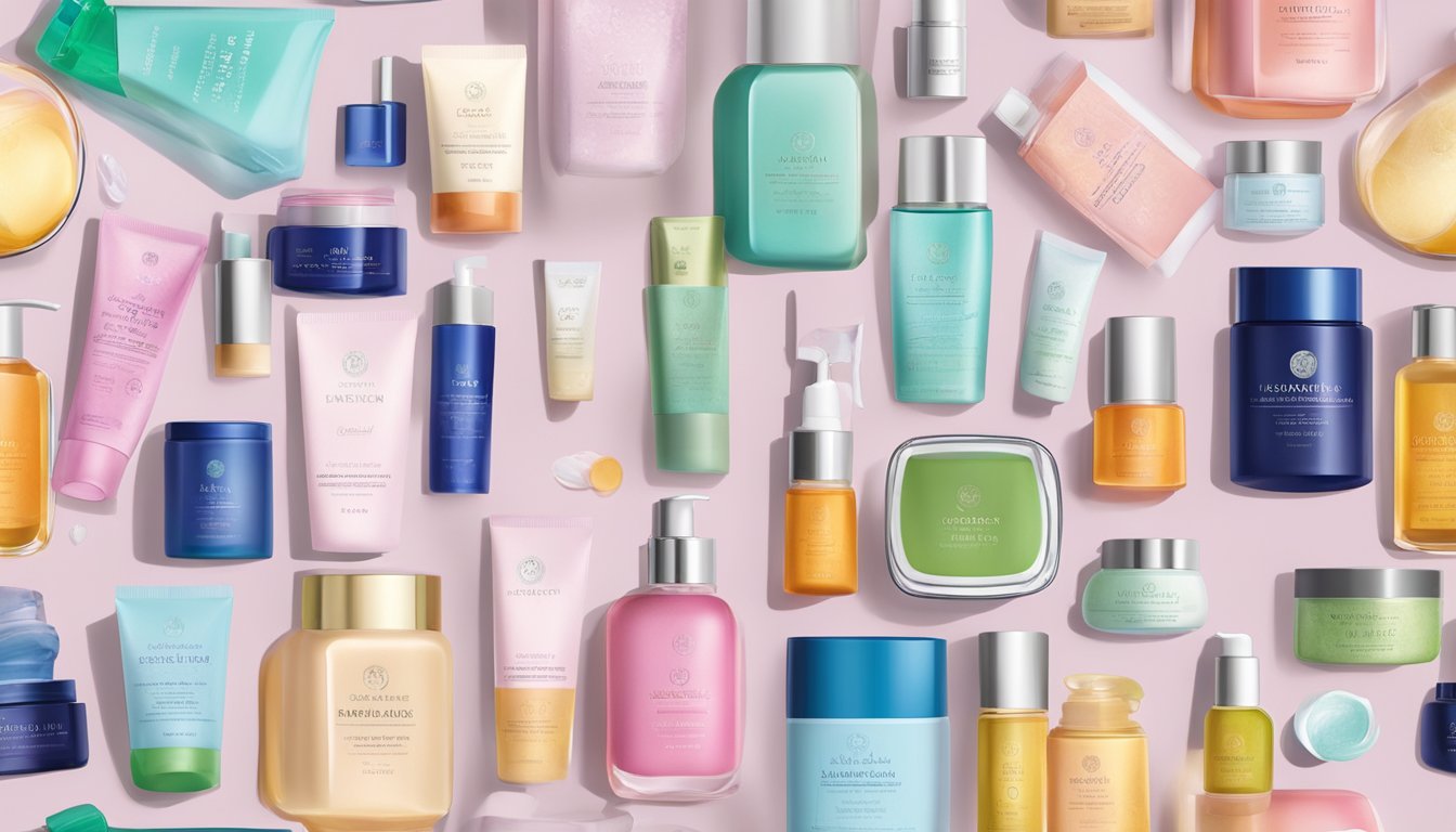A table filled with colorful skincare products from Taiwanese brands, showcasing their affordable prices and luxurious packaging