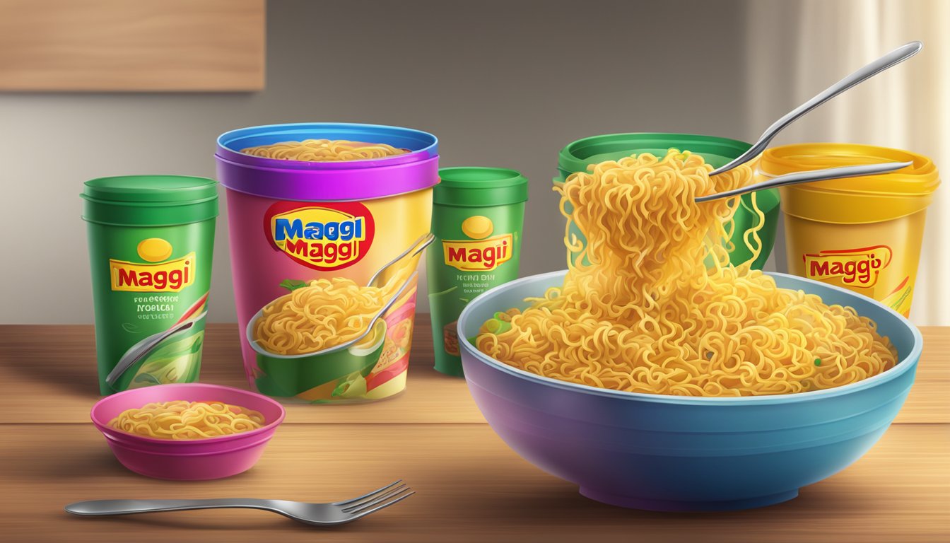 A steaming bowl of Maggi noodles sits on a wooden table, surrounded by colorful packaging and a fork