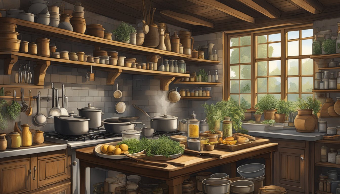 A bustling kitchen in 19th century Switzerland, where the iconic Maggi seasoning was first concocted, with shelves filled with herbs and spices, and a bubbling pot on the stove