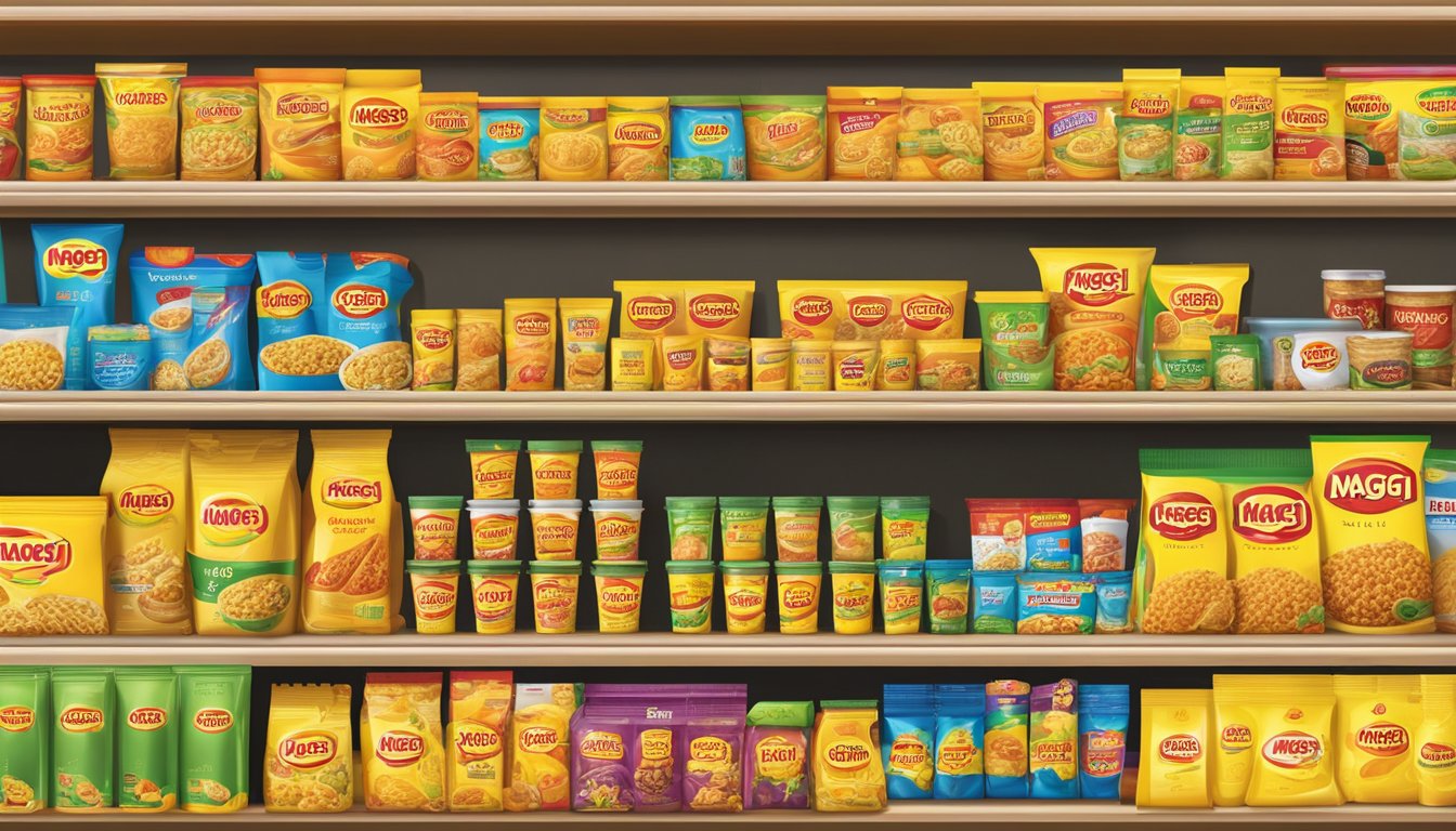 A variety of Maggi brand products displayed on shelves in a grocery store