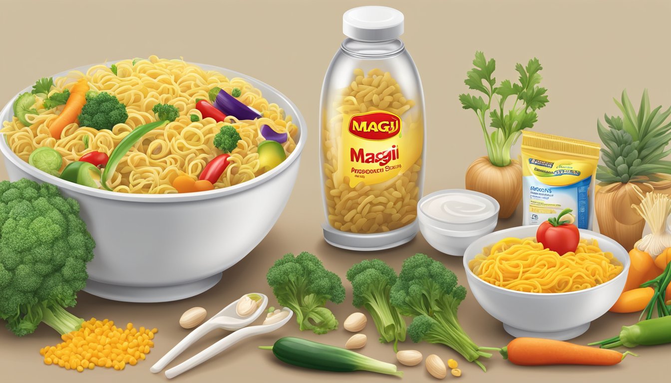A bowl of Maggi brand noodles surrounded by colorful vegetables and a bottle of nutritional supplements