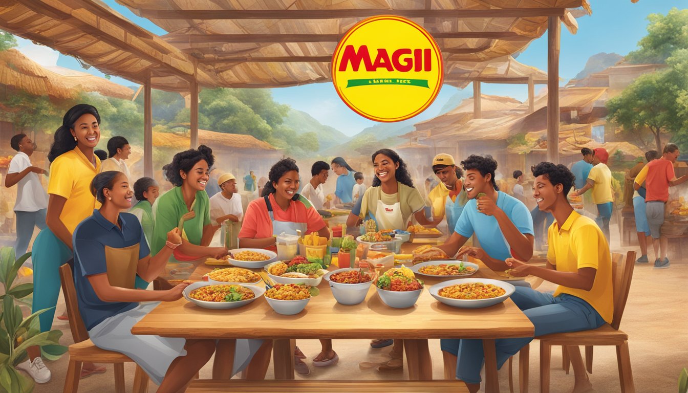 Maggi brand logo displayed in various cultural settings with diverse food and people enjoying meals