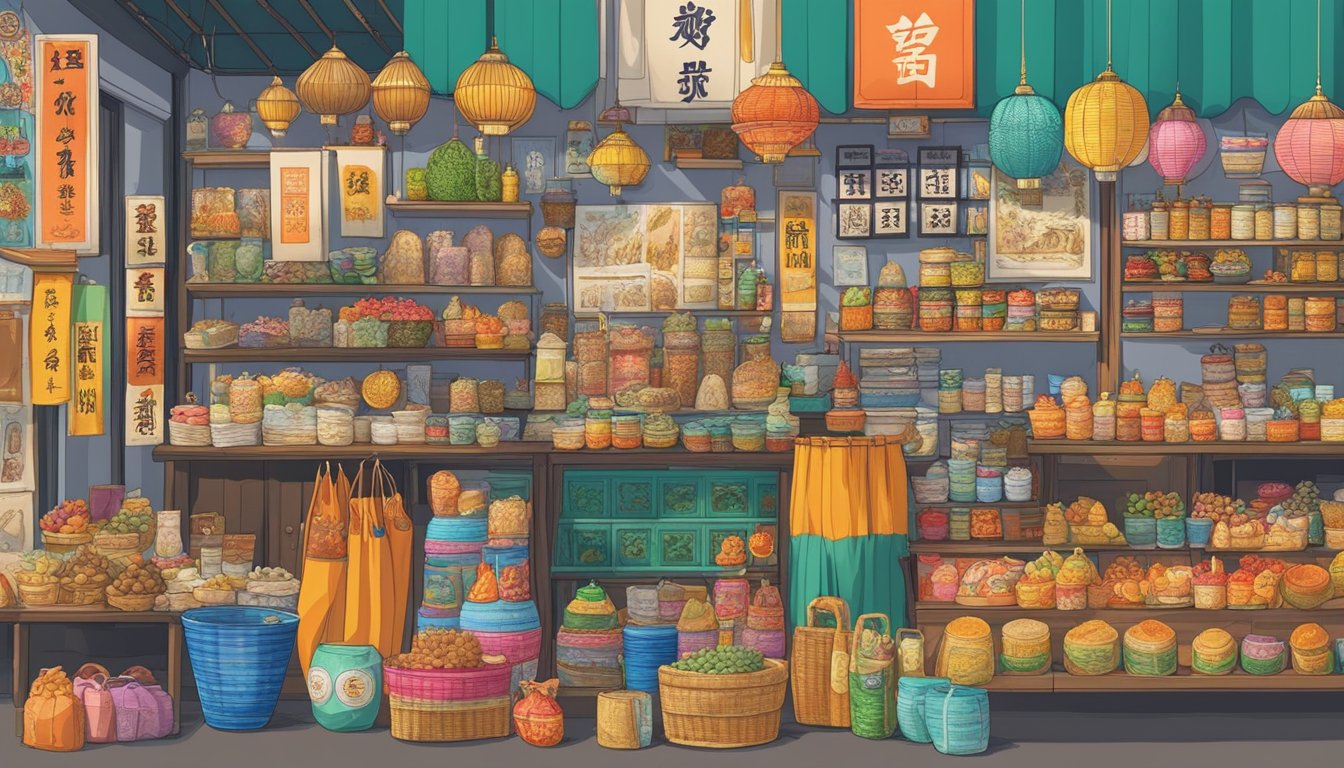 Various souvenirs and specialty items displayed in a vibrant Taiwan marketplace, showcasing their affordable prices and unique designs