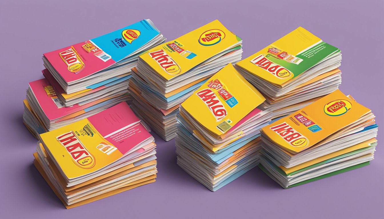 A stack of colorful Maggi brand FAQ pamphlets arranged neatly on a table