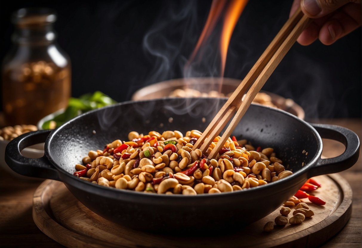 A wok sizzles with peanuts, chili peppers, and Sichuan peppercorns. Soy sauce and sugar are added, creating a glossy glaze