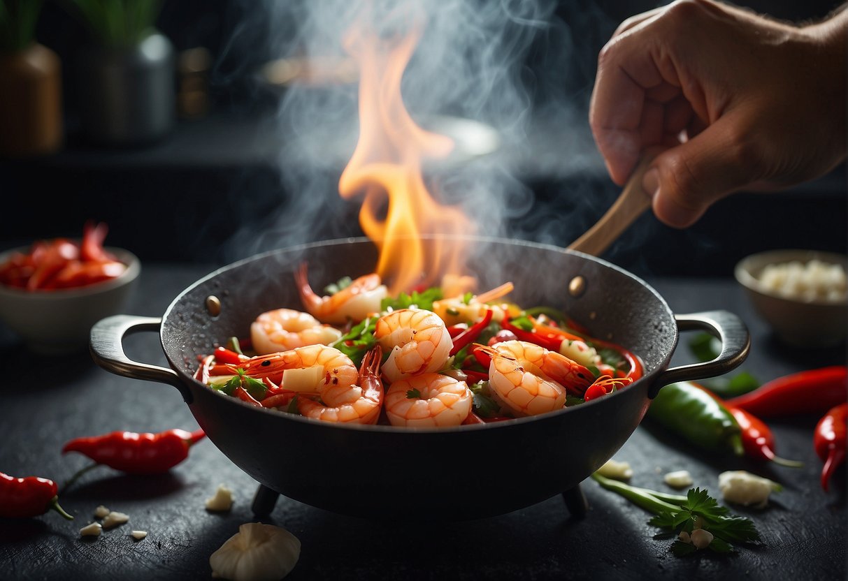 A sizzling wok tosses plump shrimp with fiery red chili peppers, fragrant garlic, and pungent ginger in a cloud of steam