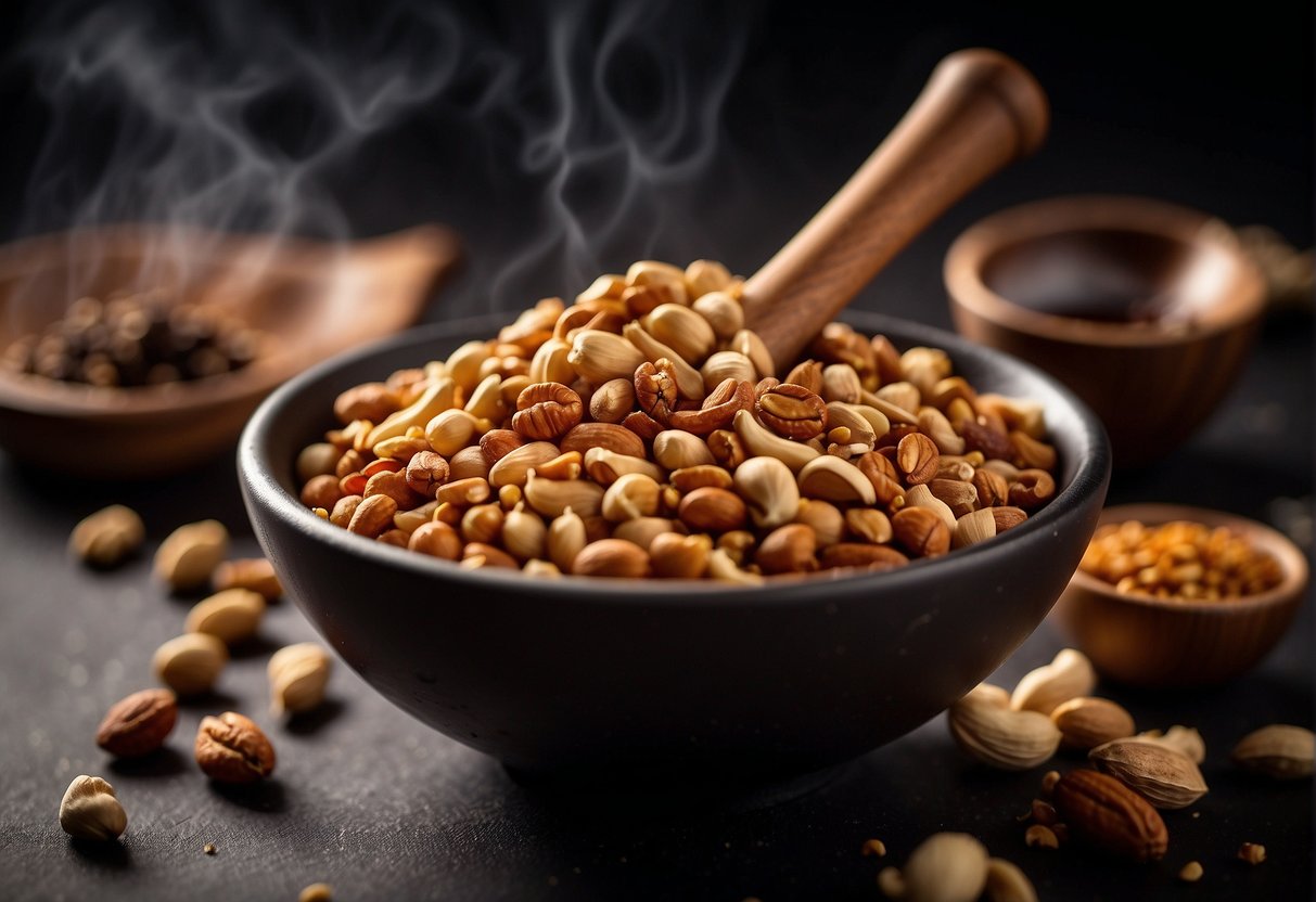 A mortar and pestle crushes Sichuan peppercorns and chili flakes. A wok sizzles with peanuts, ginger, and garlic. Soy sauce and sugar mix in a bowl