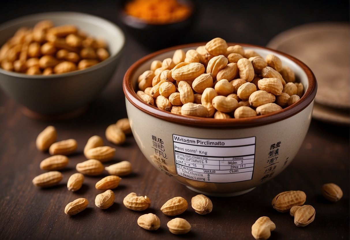 A bowl of Chinese spicy peanuts with a label showing nutritional information