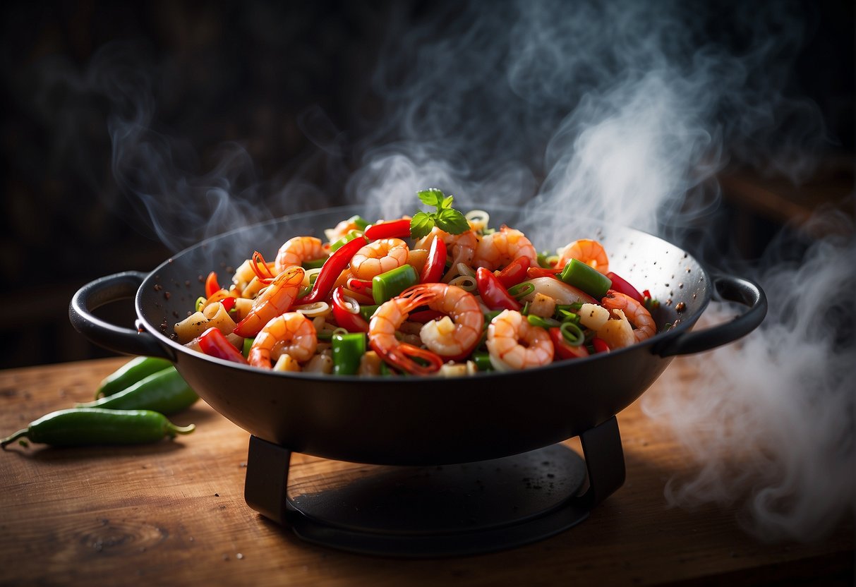 A sizzling wok with sizzling shrimp, vibrant red chili peppers, and aromatic spices. A cloud of steam rises as the ingredients are tossed together