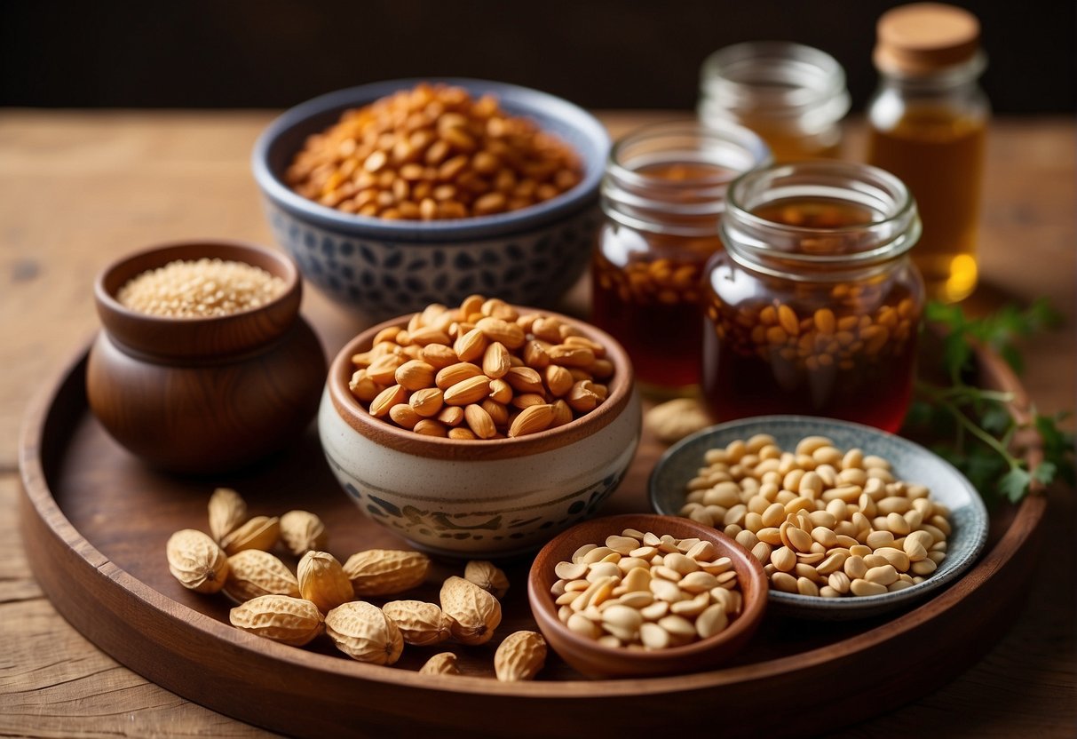 A bowl of spicy peanuts on a wooden serving tray, surrounded by small dishes of chili oil and sesame seeds, with a labeled jar for storage
