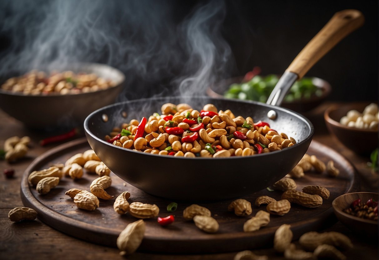 A wok sizzles as peanuts, Sichuan peppercorns, and chili peppers are tossed in fragrant oil, releasing an irresistible aroma