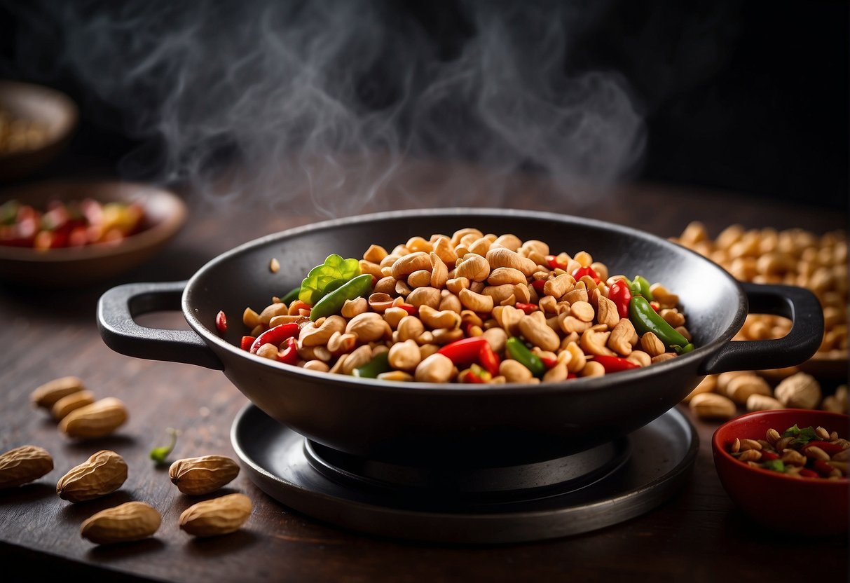 A wok sizzles with peanuts, chili peppers, and Sichuan peppercorns. A fragrant cloud of spicy aroma fills the air
