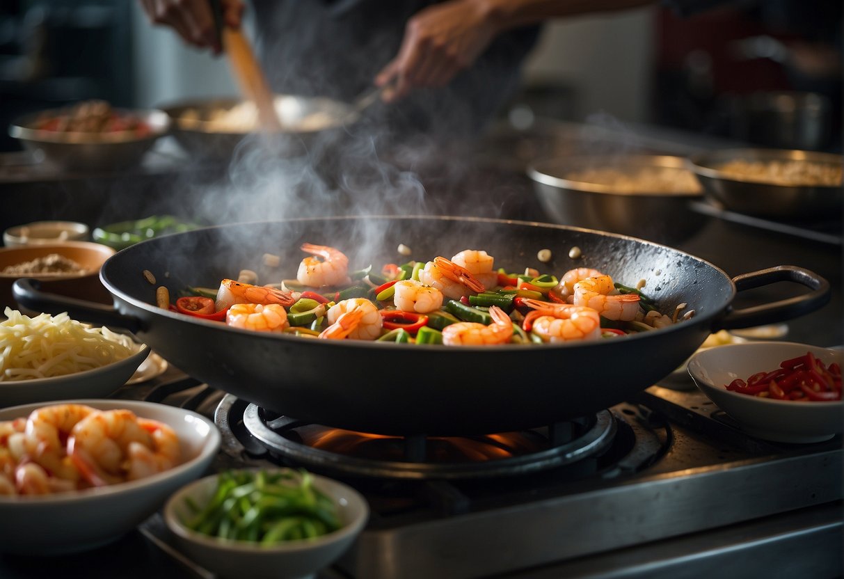 A wok sizzles with spicy shrimp, surrounded by bowls of ginger, garlic, and chili. Steam rises as the chef stirs the fragrant mixture