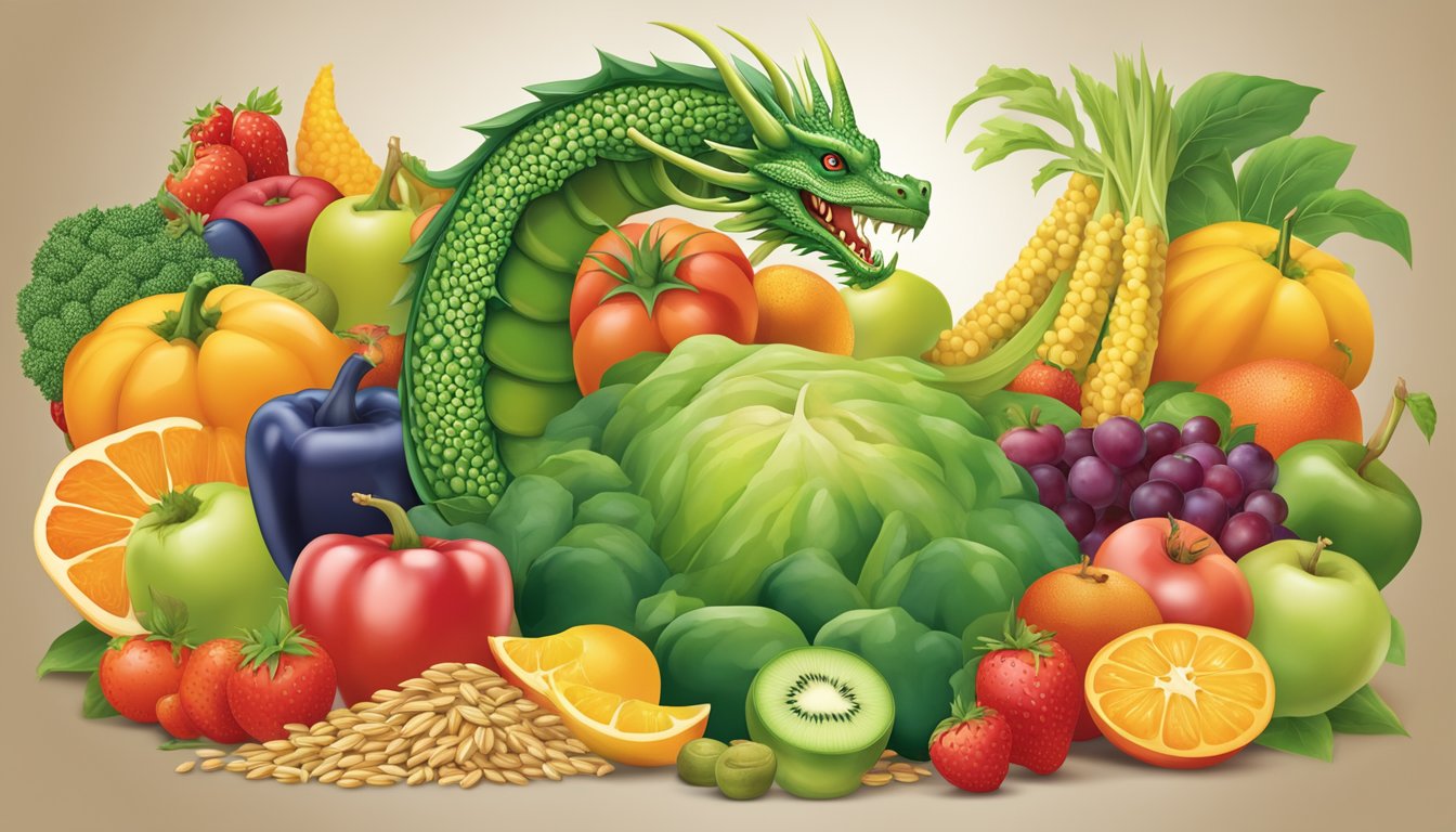 A colorful array of fruits, vegetables, and grains surround a prominent "Dragon Brand" label, showcasing the nutritional values and health benefits of the products