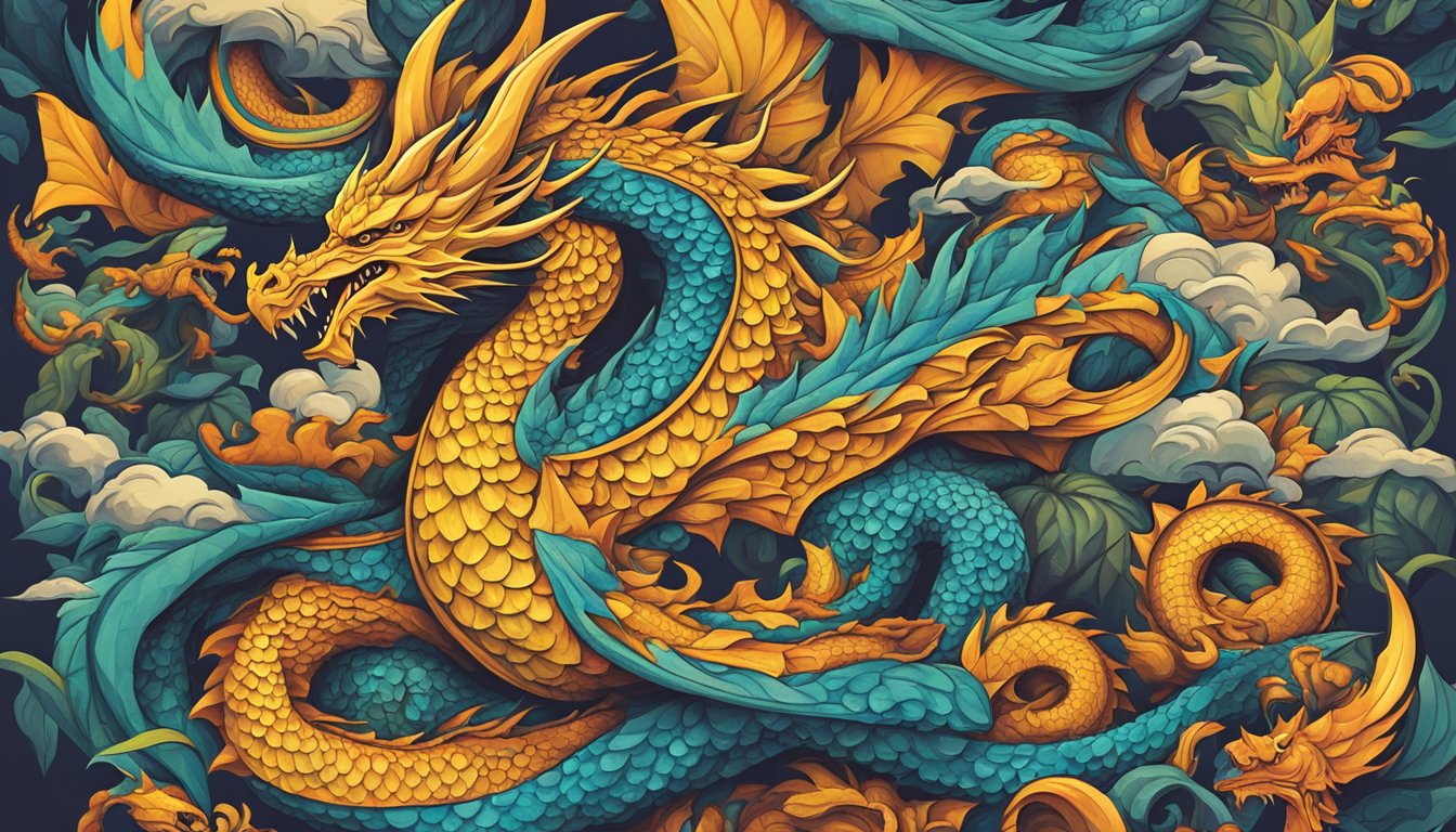 A large dragon brand logo dominates a bustling market, attracting attention from shoppers and vendors alike. Bright colors and bold lettering make the brand's presence impossible to miss