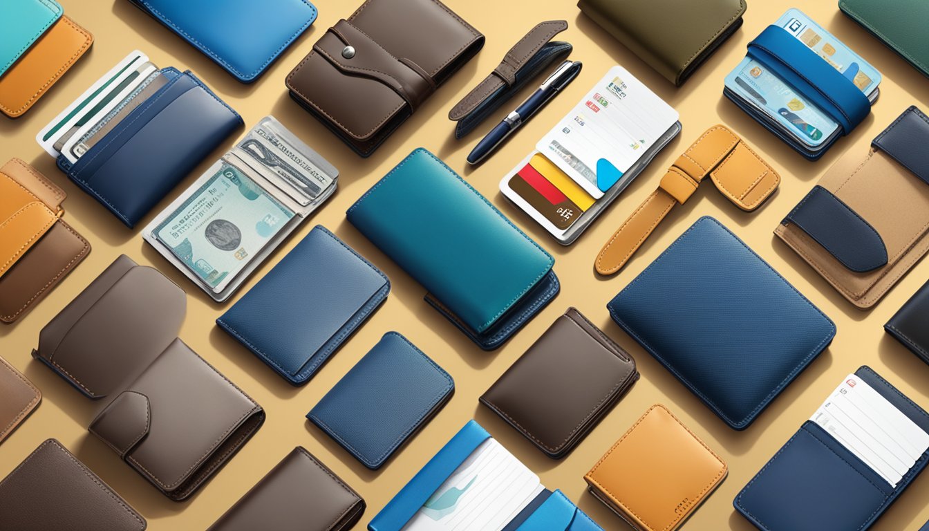 A table displaying top 10 men's wallet brands, with various styles and colors arranged neatly for illustration