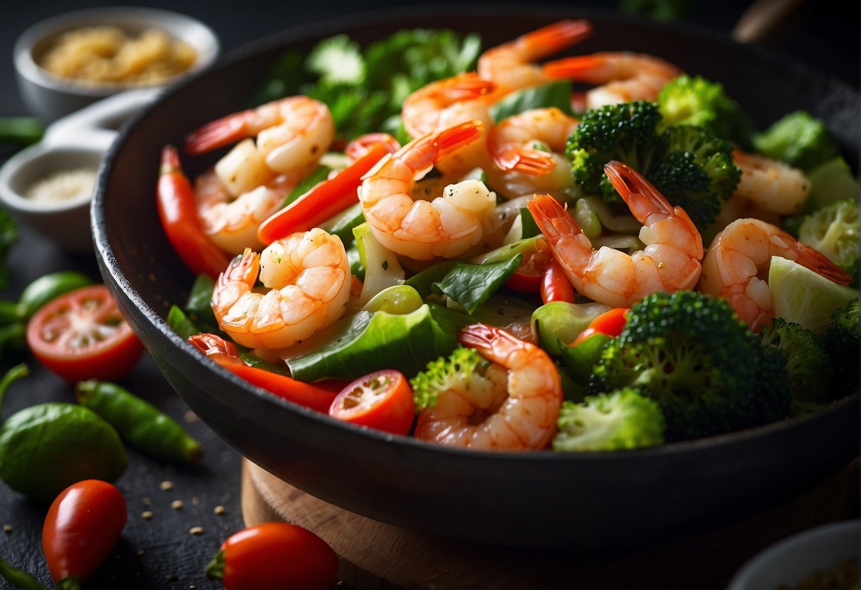 A sizzling wok of spicy shrimp stir-fry, surrounded by vibrant fresh vegetables and aromatic herbs