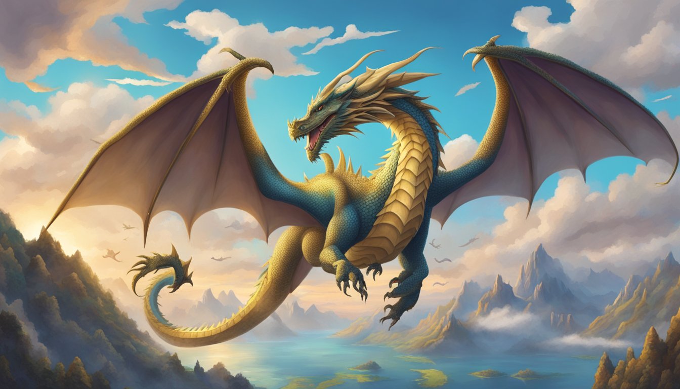A dragon with open wings surrounded by floating question marks