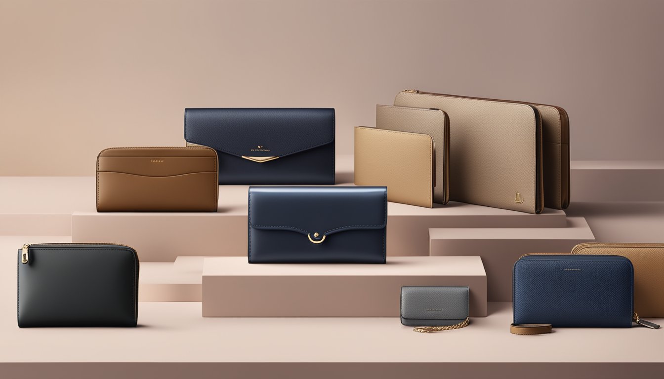 A sleek, modern display of top 10 luxury wallet brands arranged in a clean, sophisticated setting