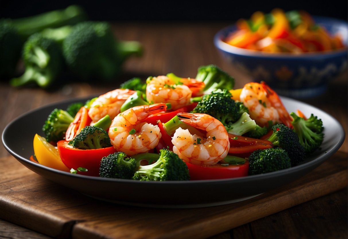 A plate of sizzling Chinese spicy shrimp, surrounded by vibrant green broccoli and colorful bell peppers, topped with a sprinkle of sesame seeds