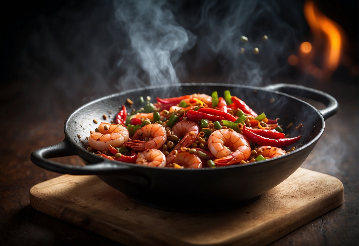 A sizzling wok with vibrant red chili peppers, szechuan peppercorns, and plump shrimp being tossed together in a fragrant and spicy sauce