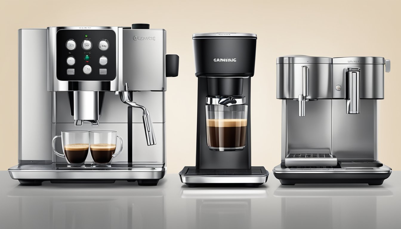 Various popular coffee machine brands lined up on a sleek, modern countertop. Each machine is adorned with shiny chrome accents and illuminated buttons, ready to brew the perfect cup of coffee