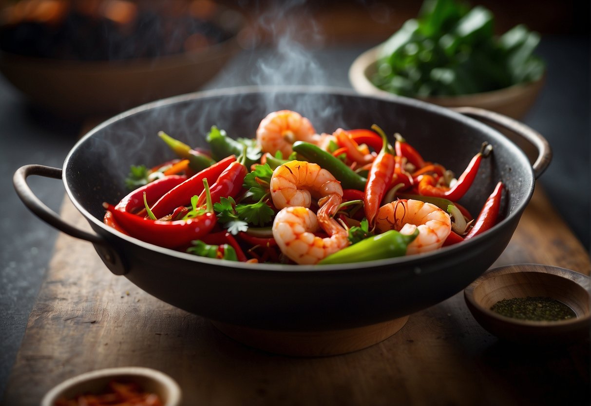 A sizzling wok filled with vibrant red chili peppers, succulent shrimp, and an aromatic mix of garlic and ginger, emitting a tantalizing spicy fragrance