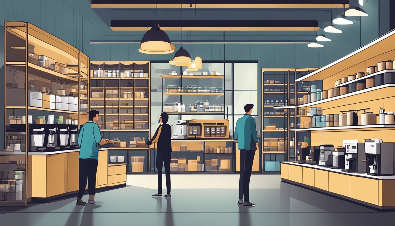 Various coffee machine brands displayed on shelves, with a customer comparing features. Bright lighting and clean, modern surroundings