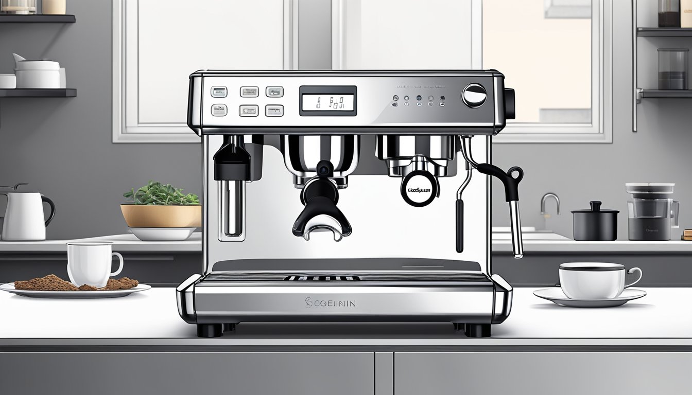 A sleek, modern coffee machine with a digital display and programmable settings sits on a clean, minimalist countertop. A steam wand and grinder are visible, showcasing the machine's innovative features