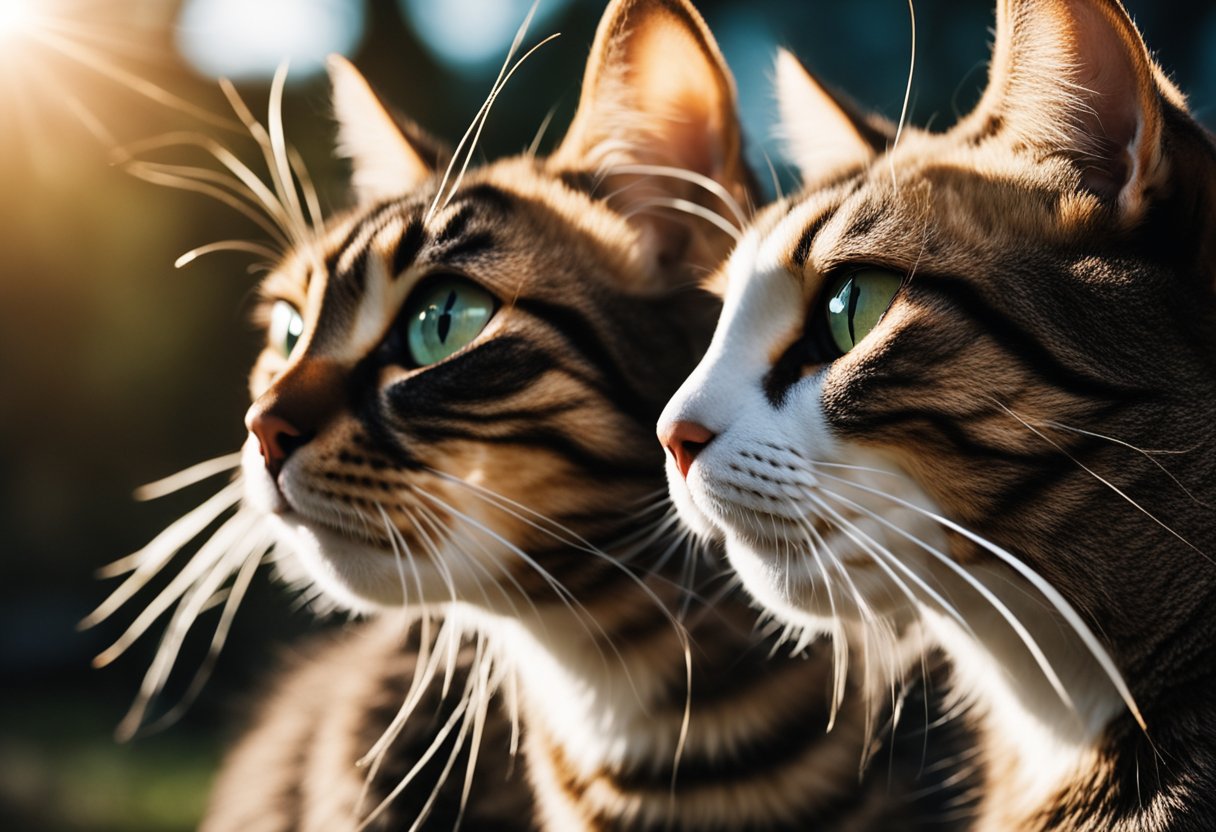 Two cats face off, one with short hair and the other with long hair. They stare at each other with intense eyes, their tails twitching in anticipation