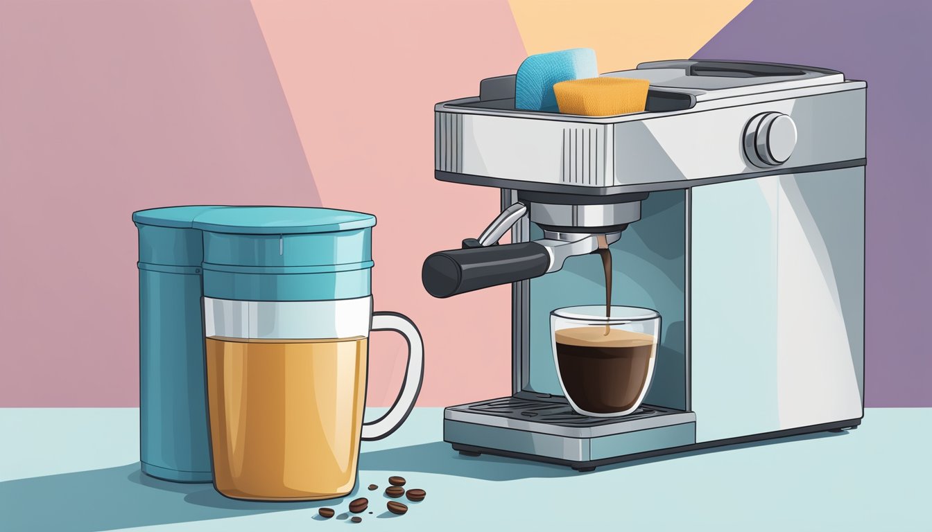 A hand reaches for a brush to clean the coffee machine's grinder. A bottle of descaling solution sits nearby
