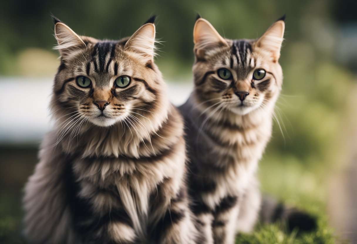 Two cats side by side. One with short hair, the other with long hair. Clear distinction in fur length and texture