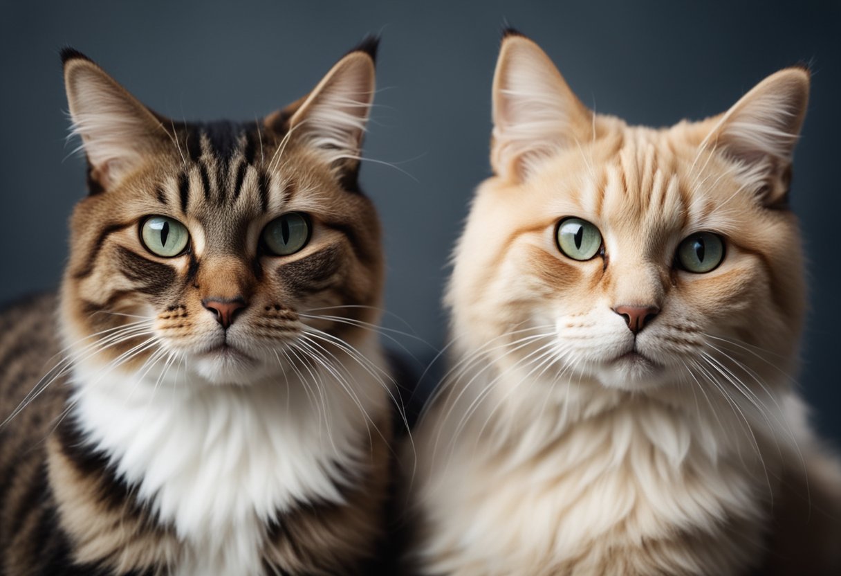 Two cats: one with short hair, clean and groomed. The other with long, tangled hair, dirty and unkempt. Both cats are sitting side by side