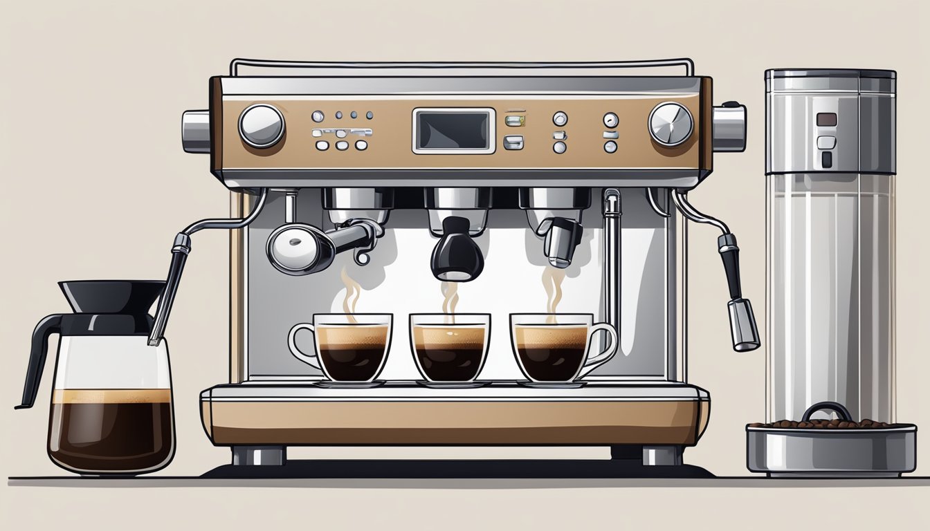 A coffee machine brews the perfect cup, steam rising, beans grinding, and liquid pouring into a waiting cup