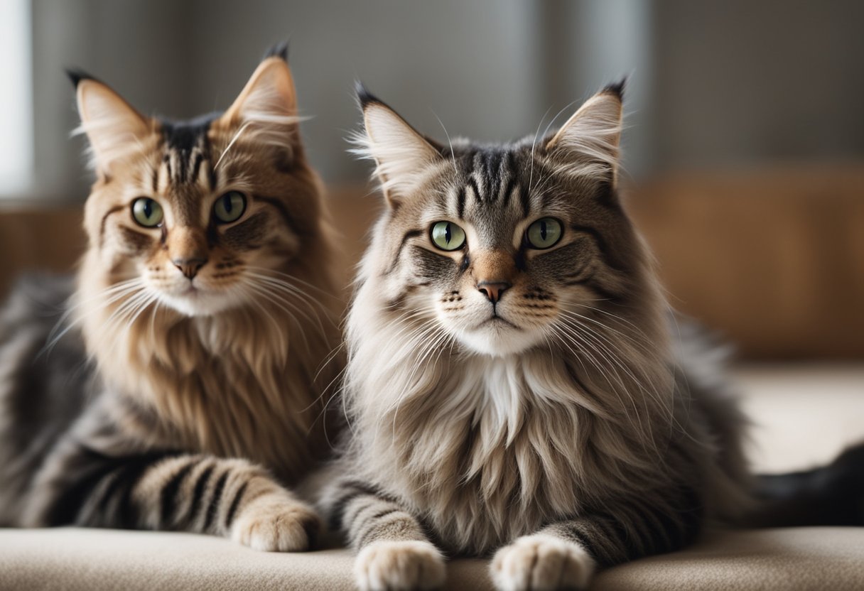 Two cats, one with short hair and the other with long hair, sitting side by side. The short-haired cat appears more active and playful, while the long-haired cat is more relaxed and calm