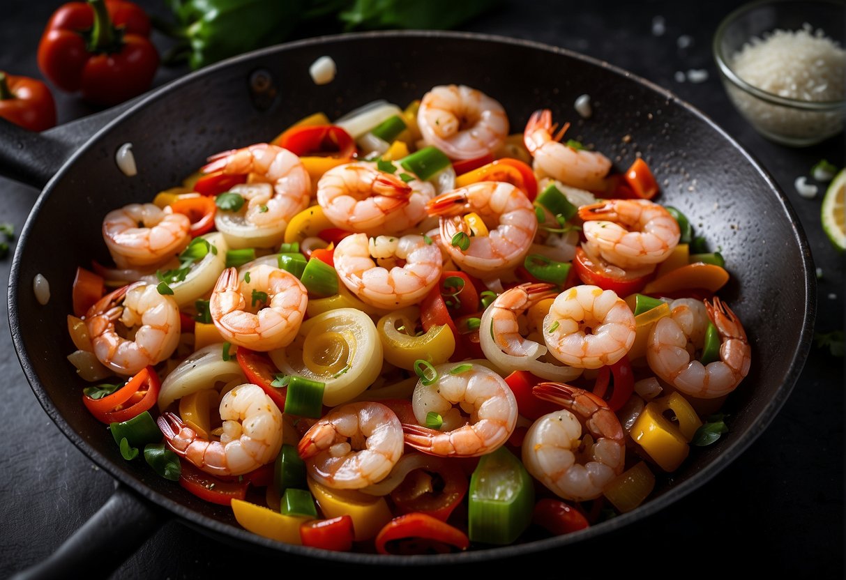 Fresh shrimp, sliced bell peppers, diced onions, minced garlic, and ginger in a sizzling wok. Soy sauce, chili paste, and sesame oil being added