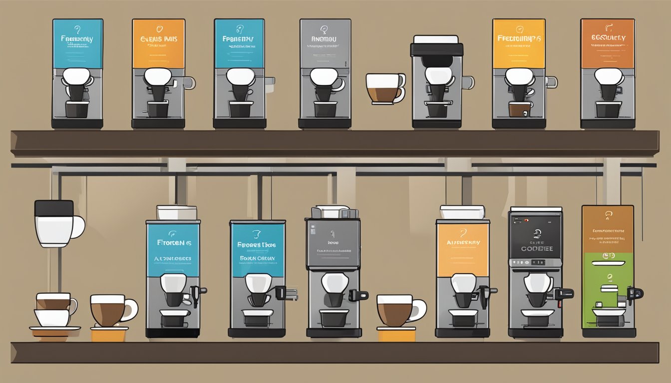 Various coffee machine brands displayed with "Frequently Asked Questions" signage. Different models and features are highlighted, creating a diverse and informative visual
