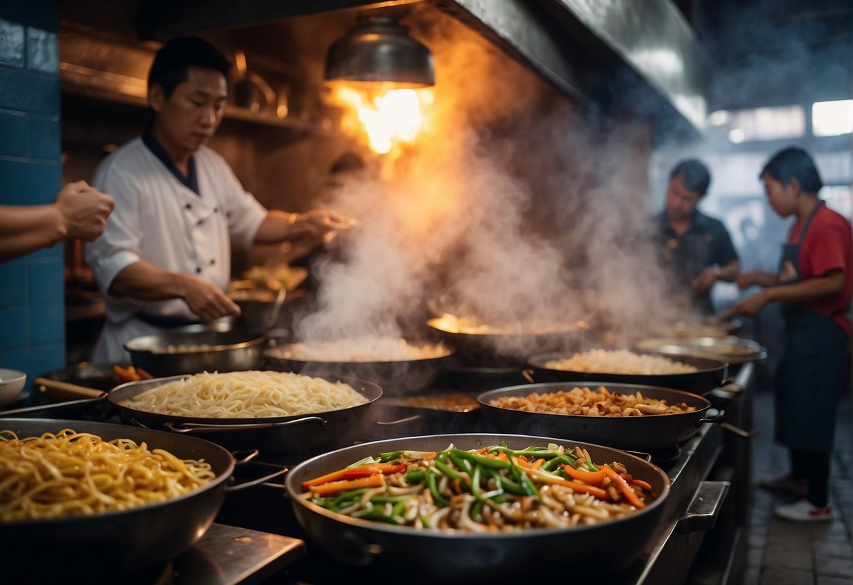 A bustling Chinese kitchen sizzles with woks, steaming bamboo baskets, and colorful ingredients for authentic recipes