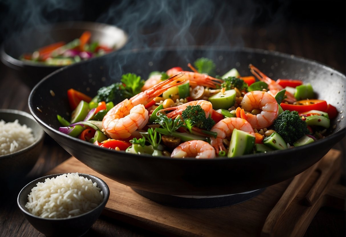 A sizzling wok filled with vibrant red and green vegetables, succulent shrimp, and aromatic spices, with a steaming bowl of rice on the side