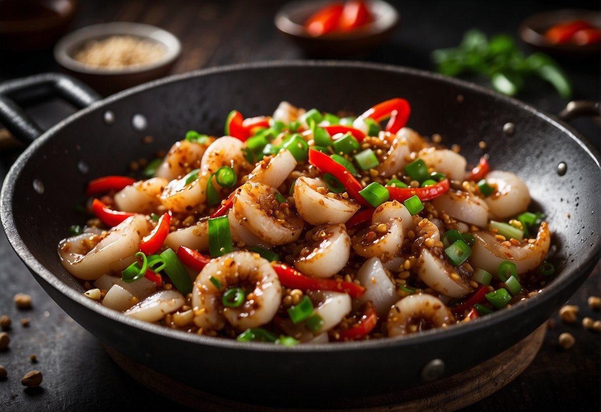 Sizzling squid stir-fried with chili, garlic, and Sichuan peppercorns in a wok. Green onions and red peppers add color