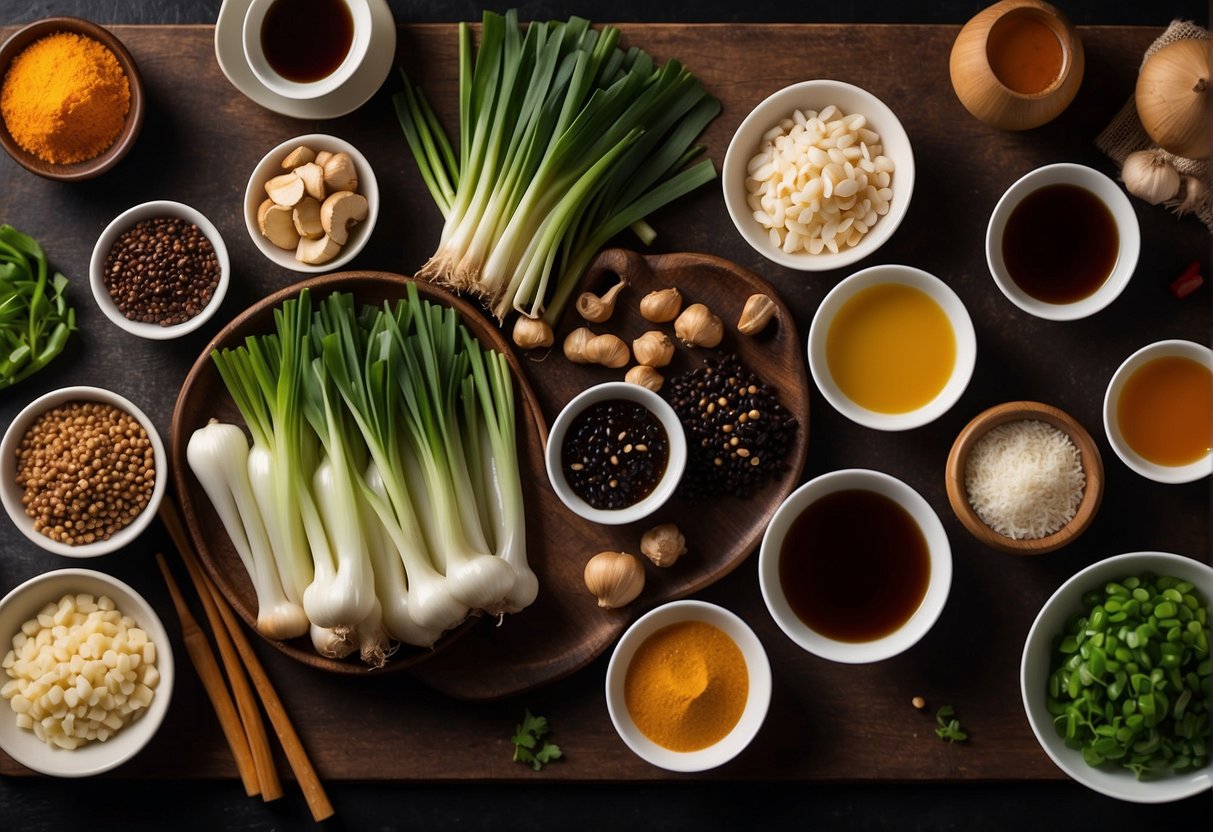 A table filled with essential Chinese ingredients and condiments, such as soy sauce, ginger, garlic, and green onions, arranged neatly for a recipe illustration