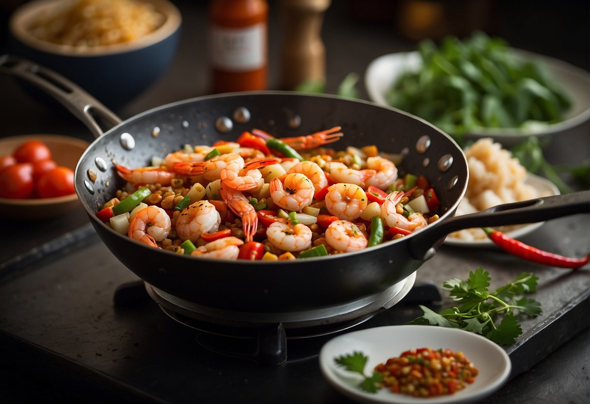 Sizzling wok with shrimp, chili peppers, and Sichuan peppercorns. Steam rising, vibrant colors, and intense aromas fill the kitchen