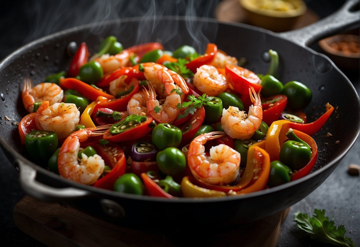 A sizzling wok filled with vibrant red and green bell peppers, juicy shrimp, and aromatic spices, emitting a mouthwatering aroma of Chinese spicy shrimp stir fry