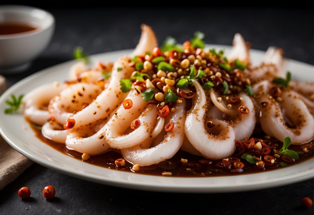 Sliced squid marinating in a blend of soy sauce, ginger, and Sichuan peppercorns. Chili peppers and garlic ready to be stir-fried