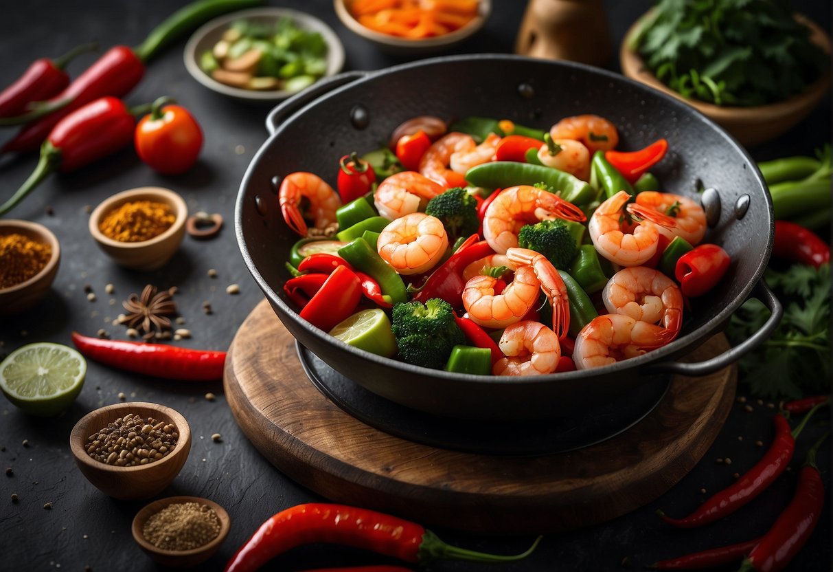 A sizzling wok with vibrant red chili peppers, plump shrimp, and aromatic spices, surrounded by a variety of fresh vegetables and traditional Chinese seasonings