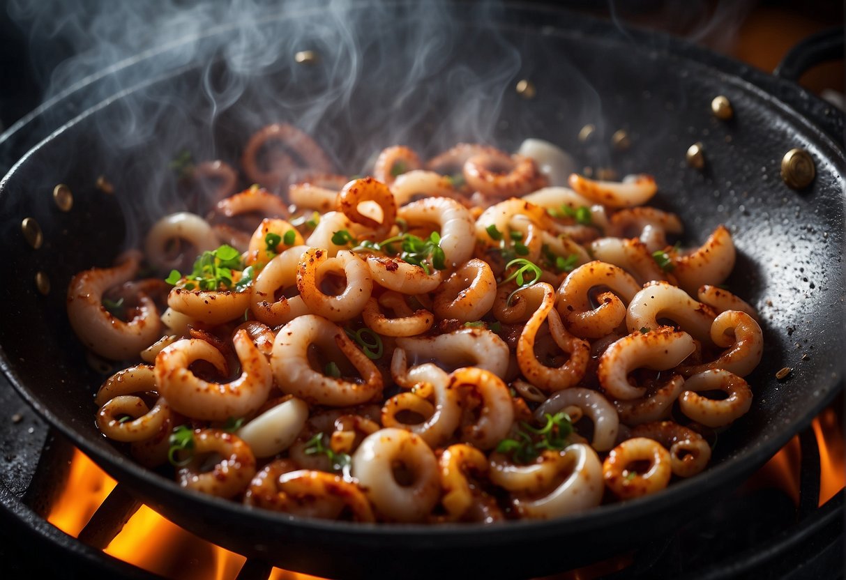 Sizzling squid pieces in a wok with chili, garlic, and ginger. Steam rising, vibrant colors, and aromatic spices filling the air