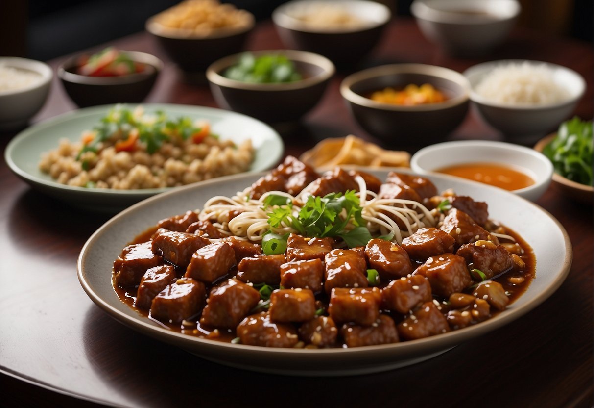 A table set with traditional Chinese main courses, including dishes like Peking duck, Kung Pao chicken, and Mapo tofu