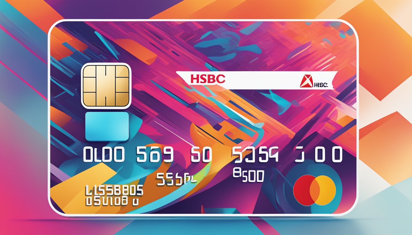 A vibrant credit card with HSBC branding and Revolution theme. Bright colors and modern design. Text highlights key features