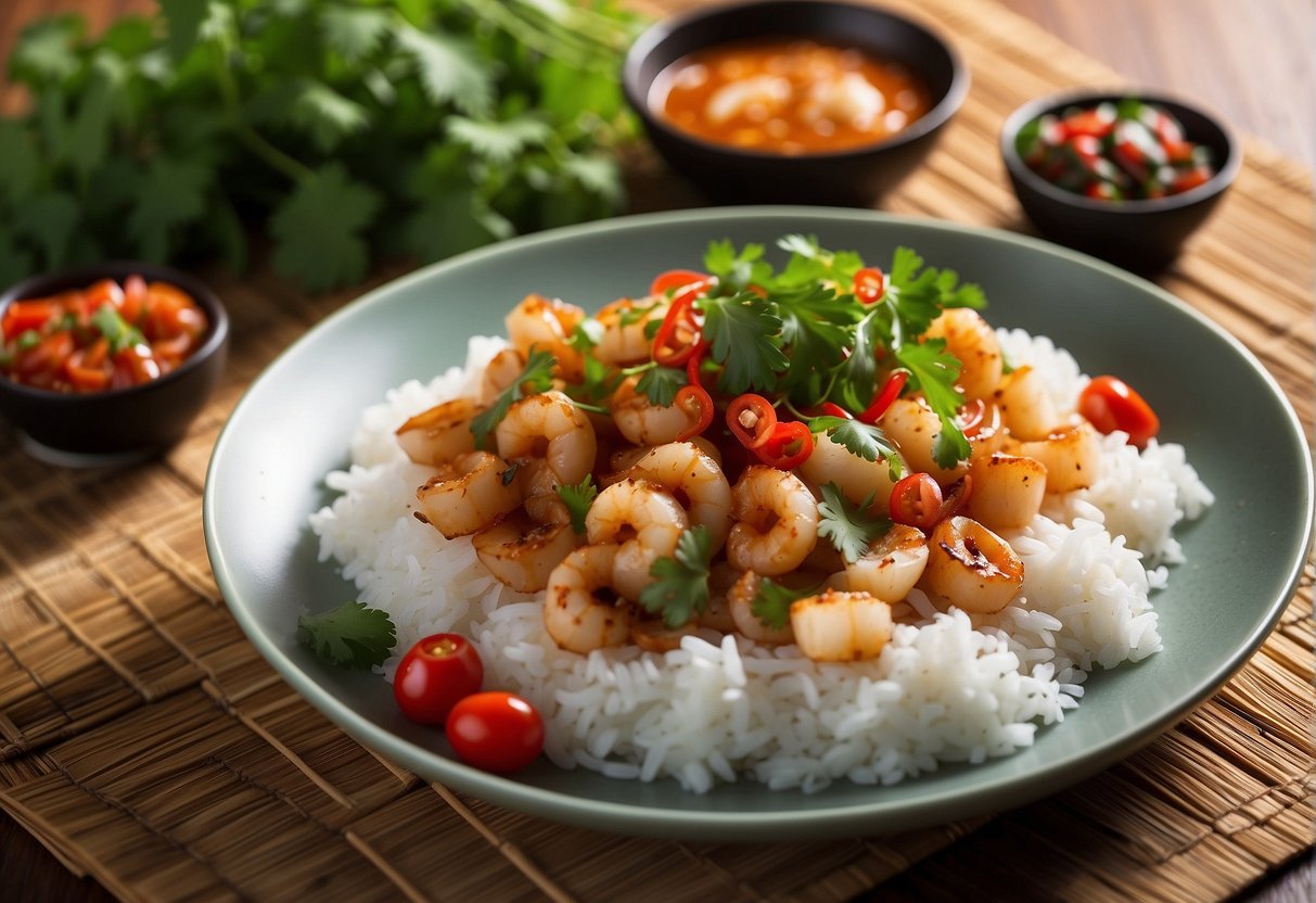 A plate of Chinese spicy squid is placed on a bamboo mat, garnished with fresh cilantro and red chili slices, with a side of steamed rice